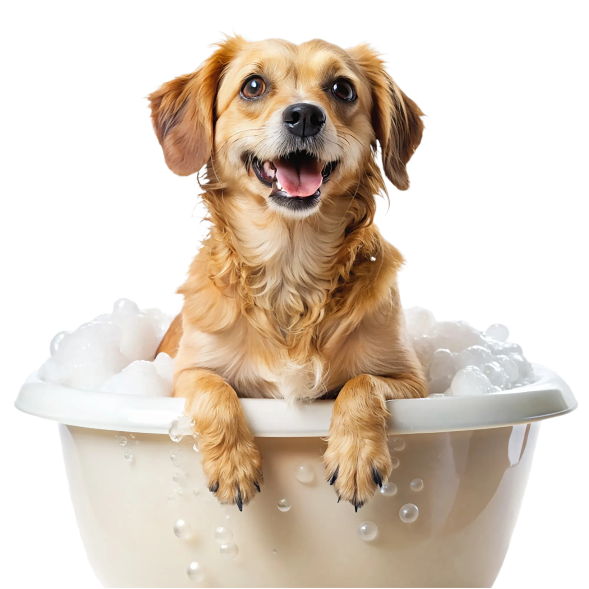 Cão feliz tomando banho de espuma numa banheira