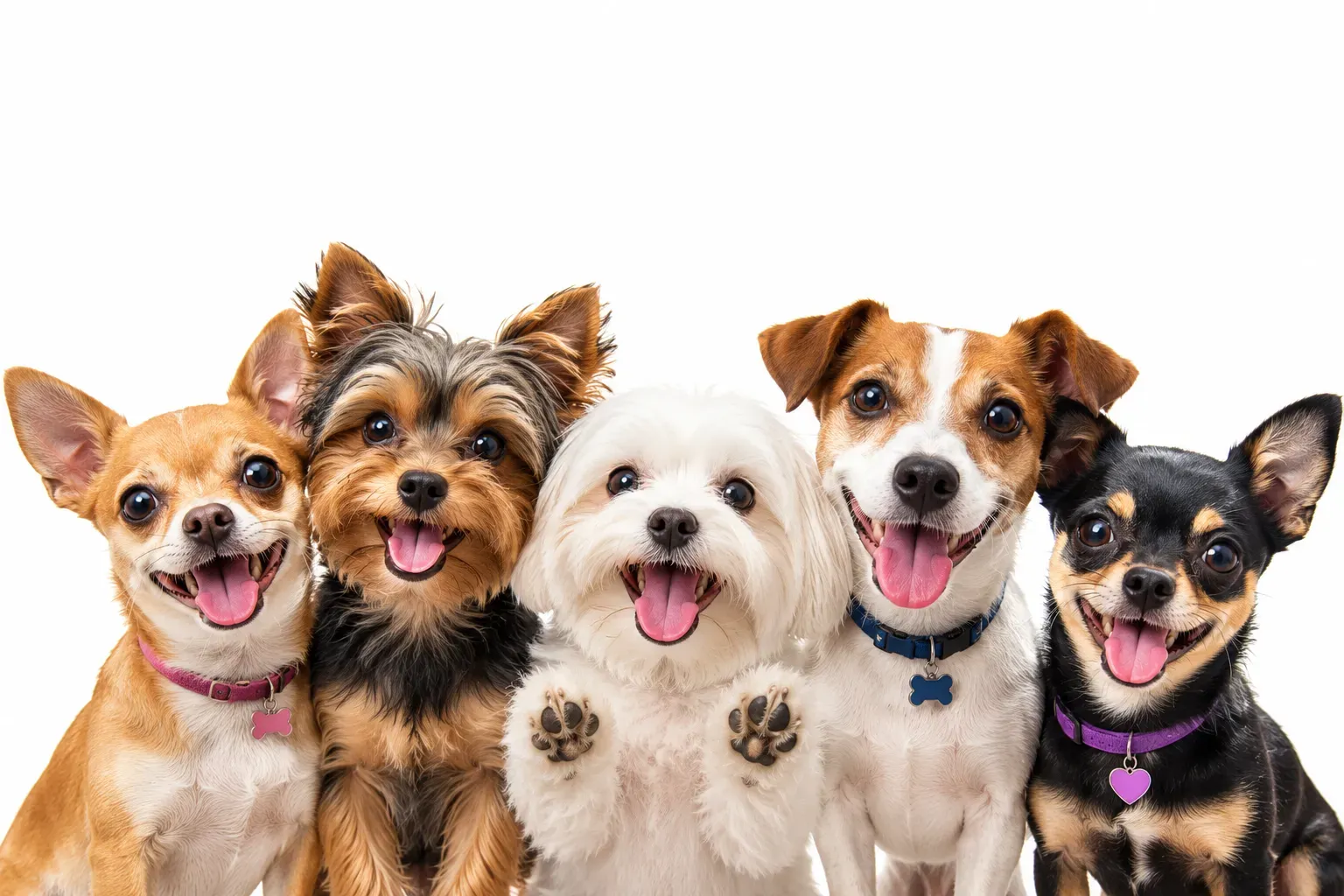 Cinco cães felizes juntos, sorrindo para a câmera